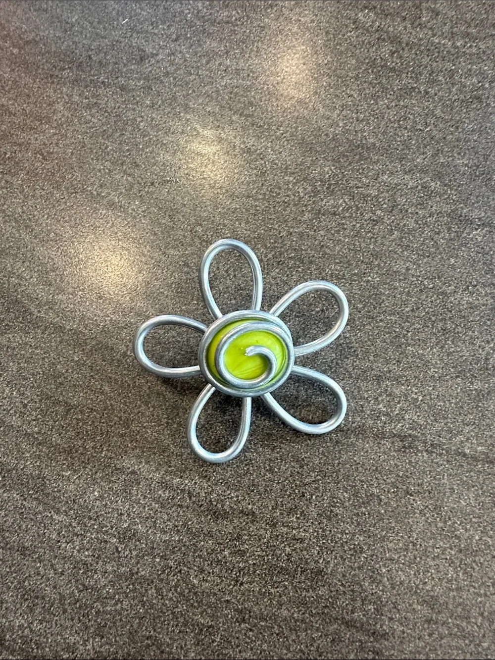 Silver Metal Flower Sculpture with Lime Green Center Broach